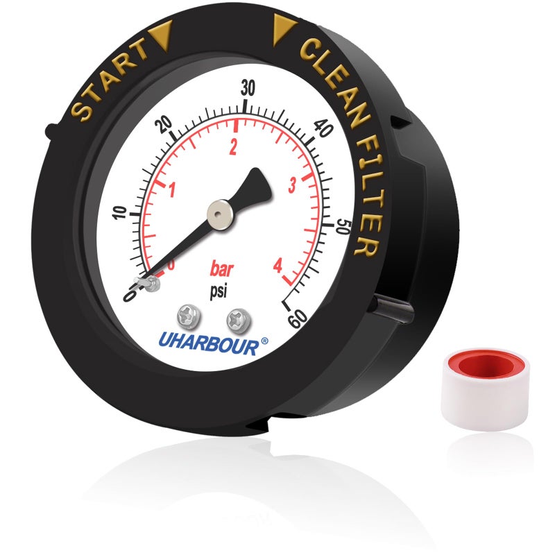 Uharbour Pool Pressure Gauge 60psi 1/4" NPT Back Mount, 2" Dial Pool Filter Pressure Gauge with Adjustable Bezel, Replacement for Swimming Pool Valve Filter - Image 1